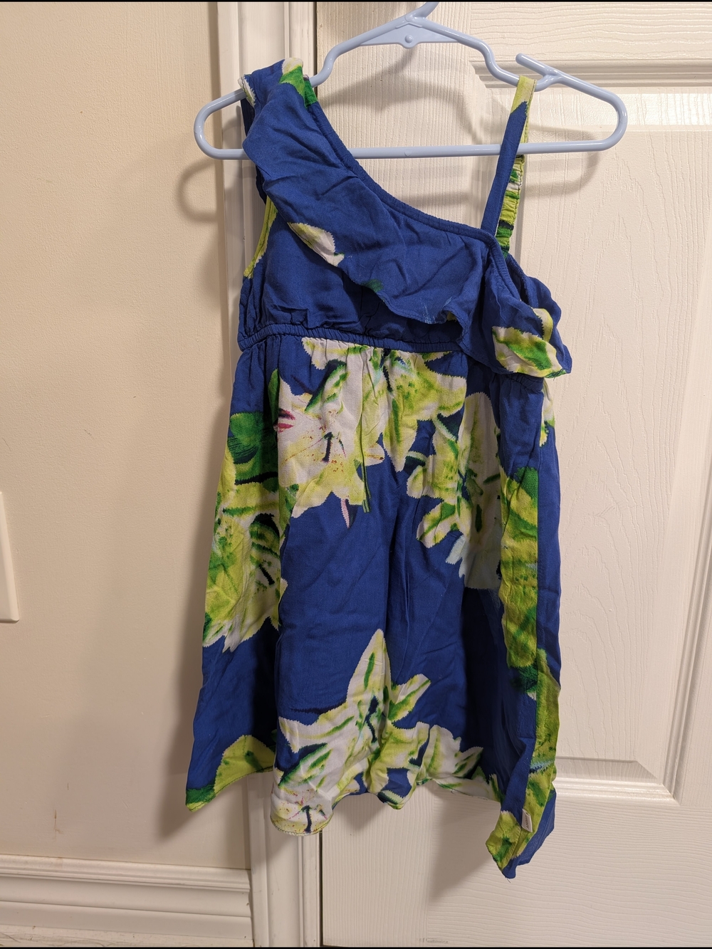 DKNY Blue Floral One-Shoulder Girls' Dress with Green Accents